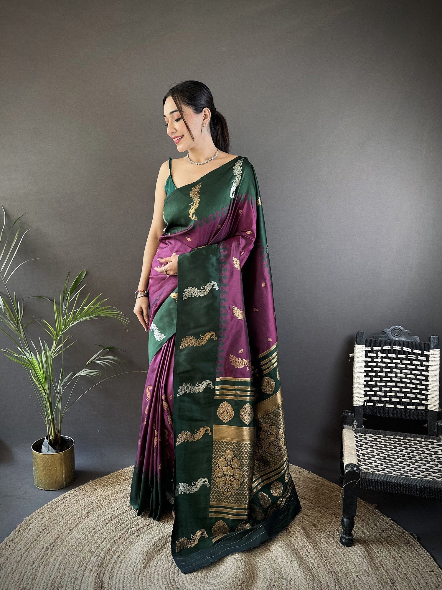 Elora Plum Soft Silk Butti Zari Weaving Banarasi Saree | Grocsy