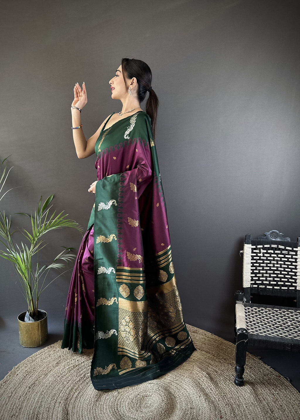 Elora Plum Soft Silk Butti Zari Weaving Banarasi Saree | Grocsy