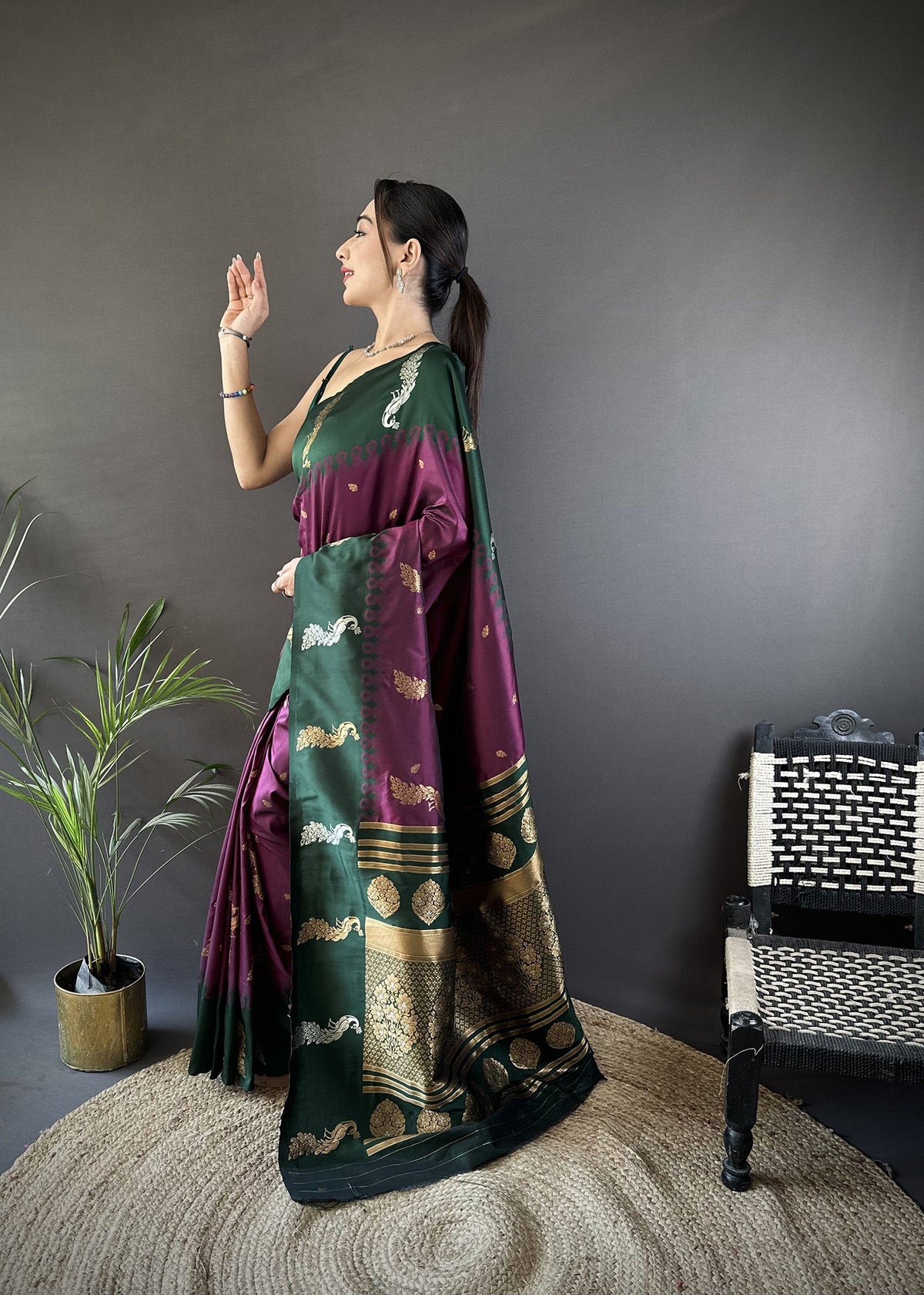 Elora Plum Soft Silk Butti Zari Weaving Banarasi Saree | Grocsy