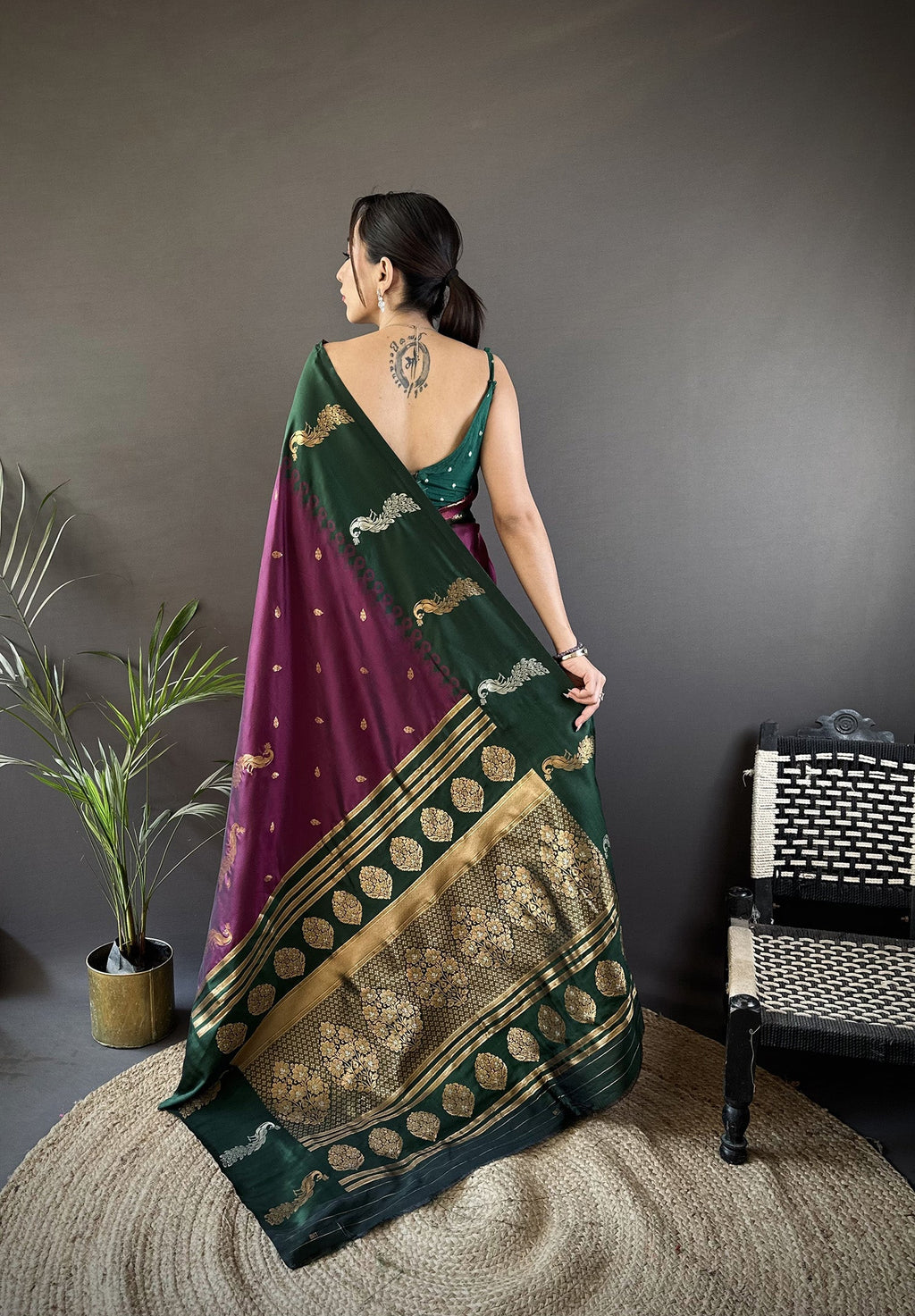 Elora Plum Soft Silk Butti Zari Weaving Banarasi Saree | Grocsy