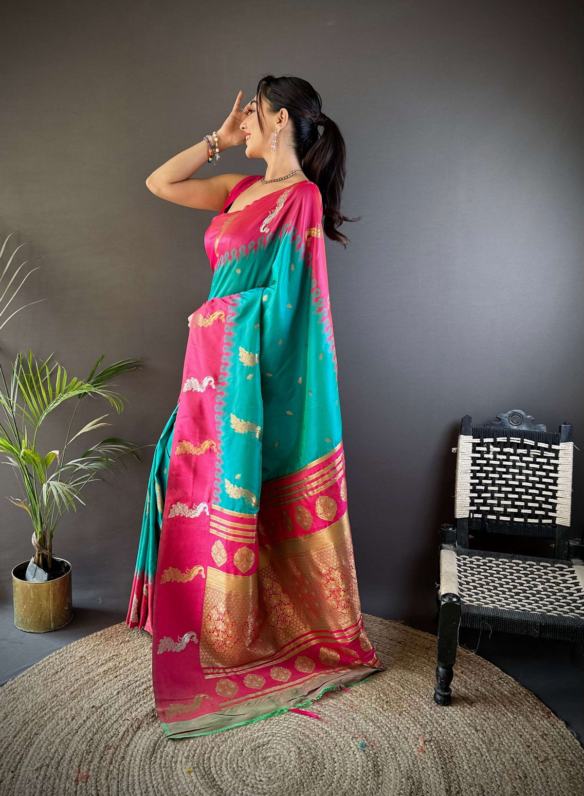 Elora Teal Soft Silk Butti Zari Weaving Banarasi Saree | Grocsy