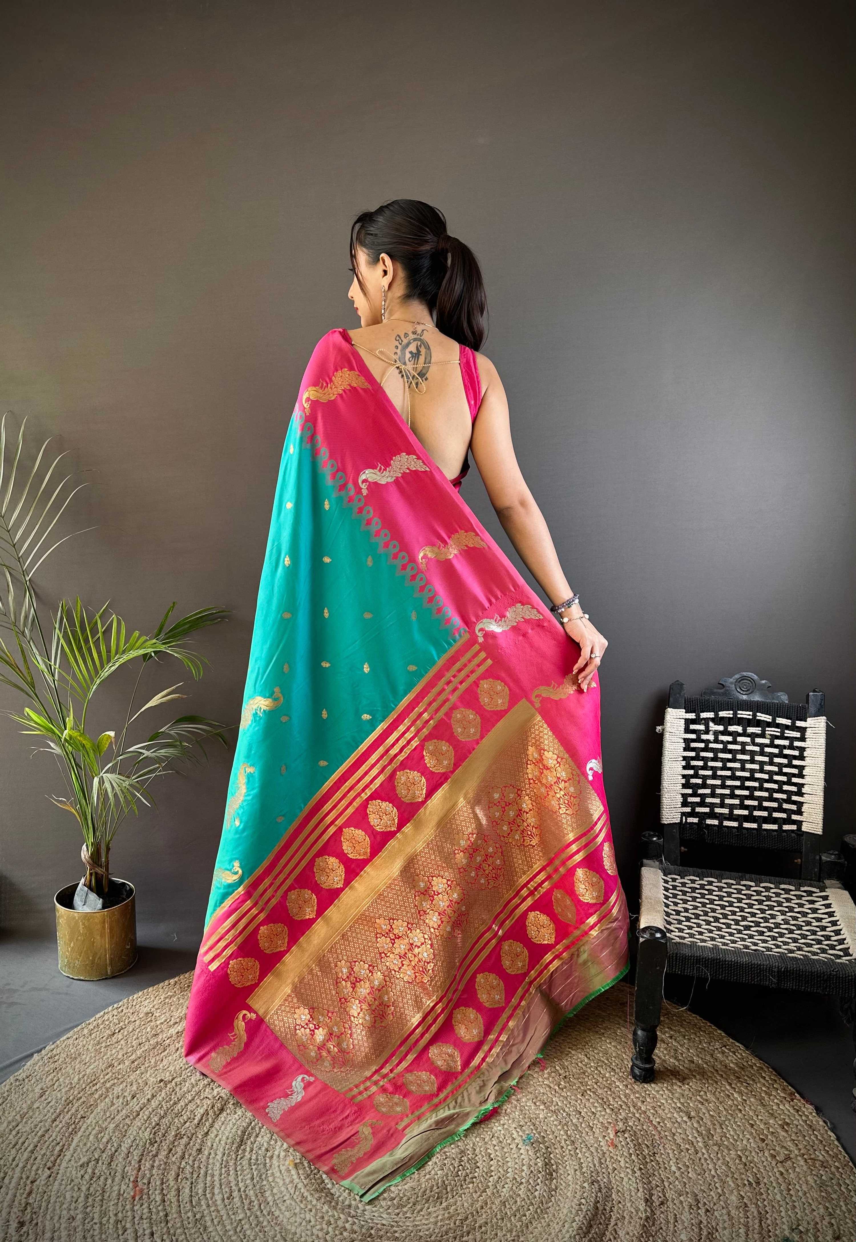 Elora Teal Soft Silk Butti Zari Weaving Banarasi Saree | Grocsy