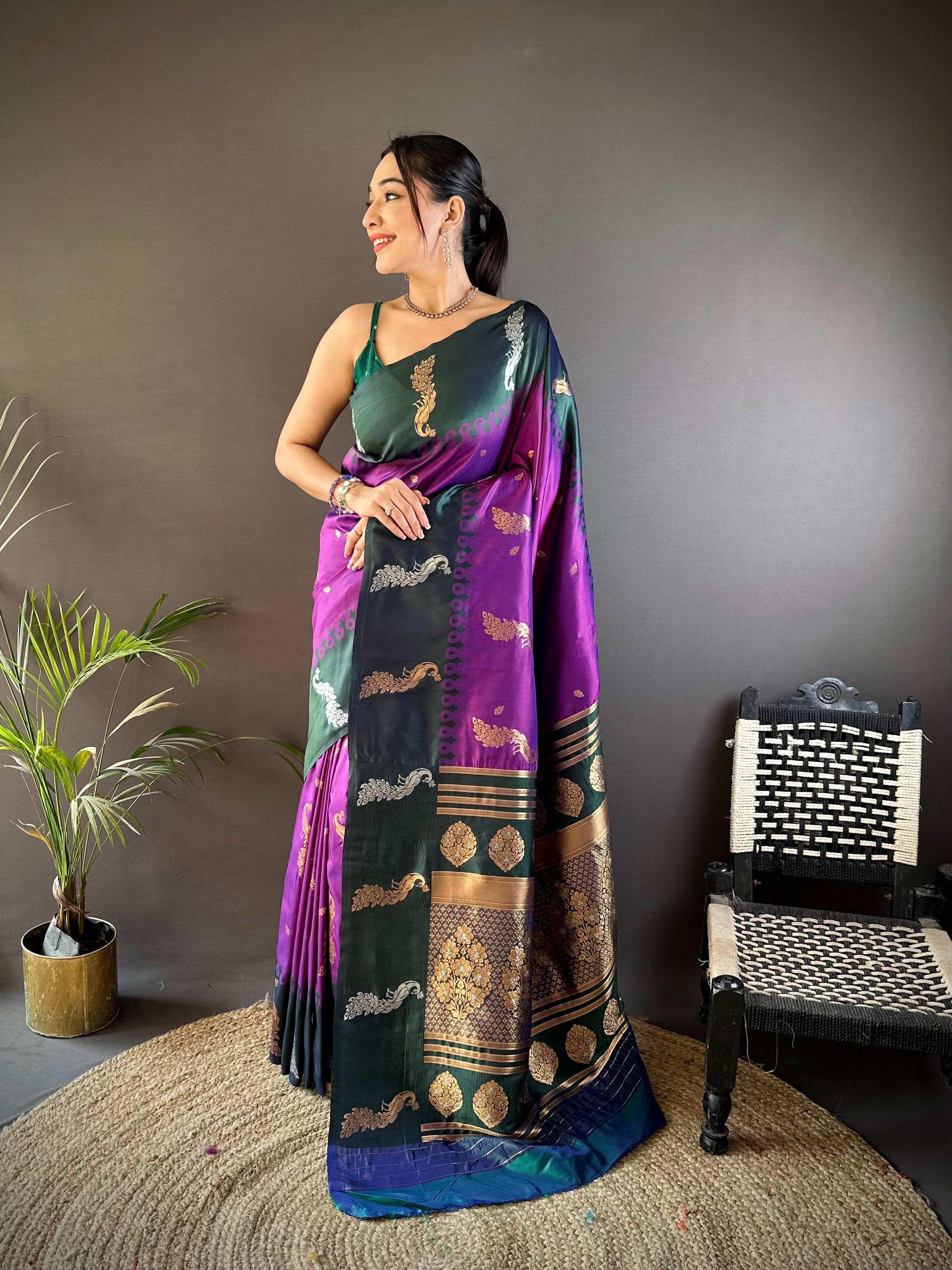 Elora Purple Soft Silk Butti Zari Weaving Banarasi Saree | Grocsy