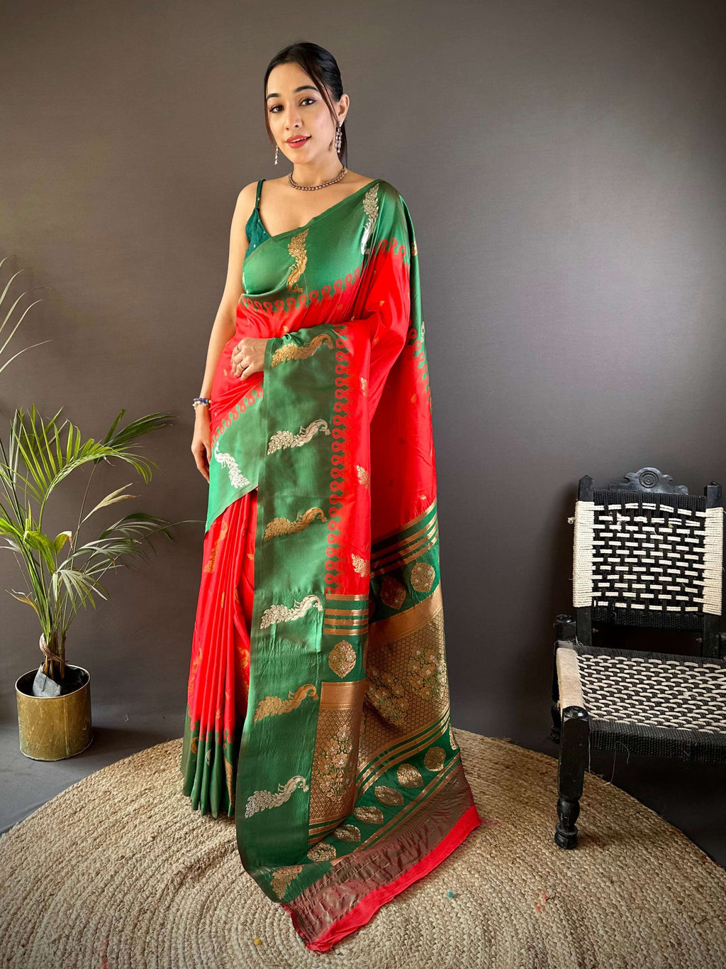 Elora Red Soft Silk Butti Zari Weaving Banarasi Saree | Grocsy