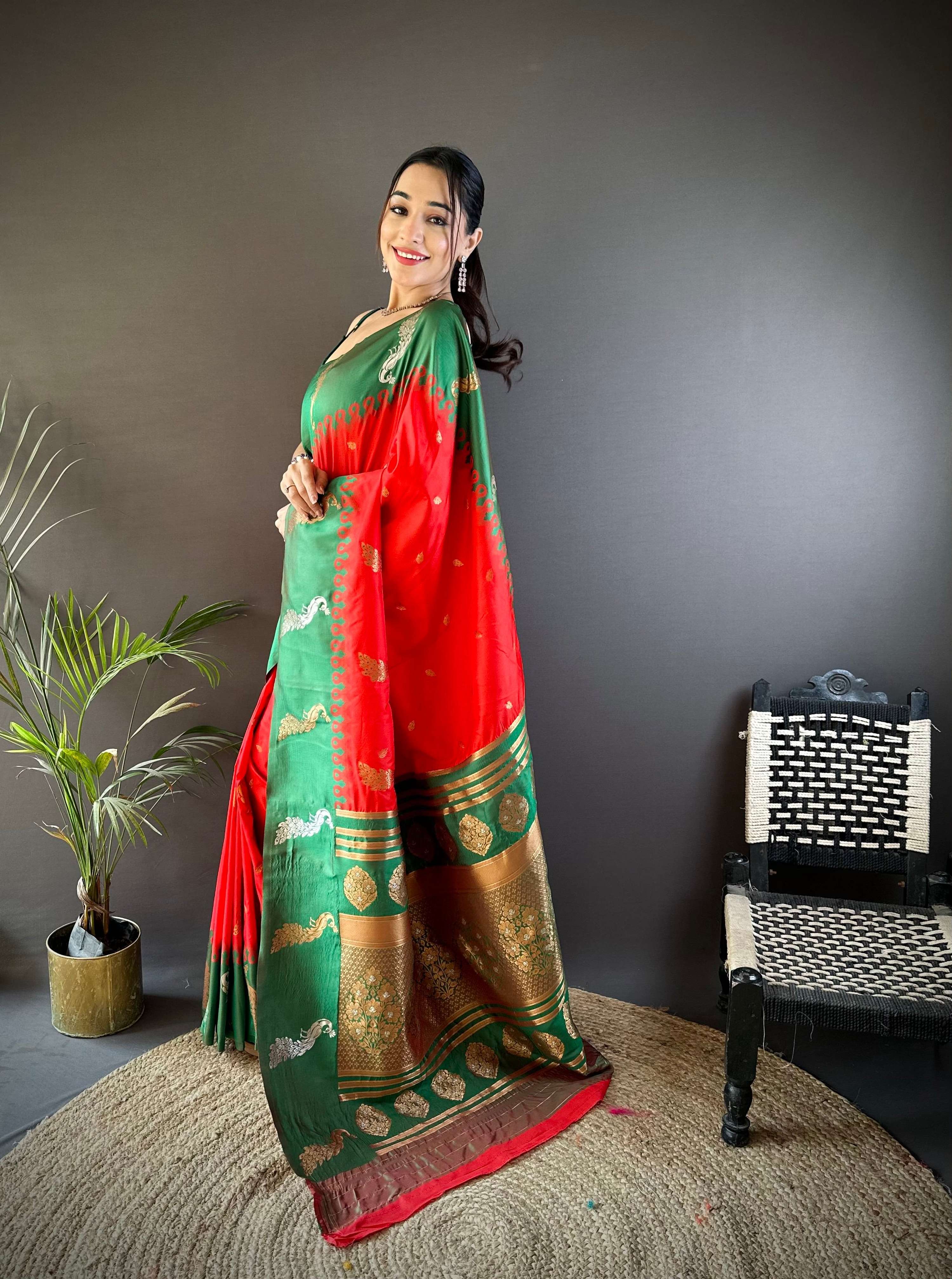 Elora Red Soft Silk Butti Zari Weaving Banarasi Saree | Grocsy