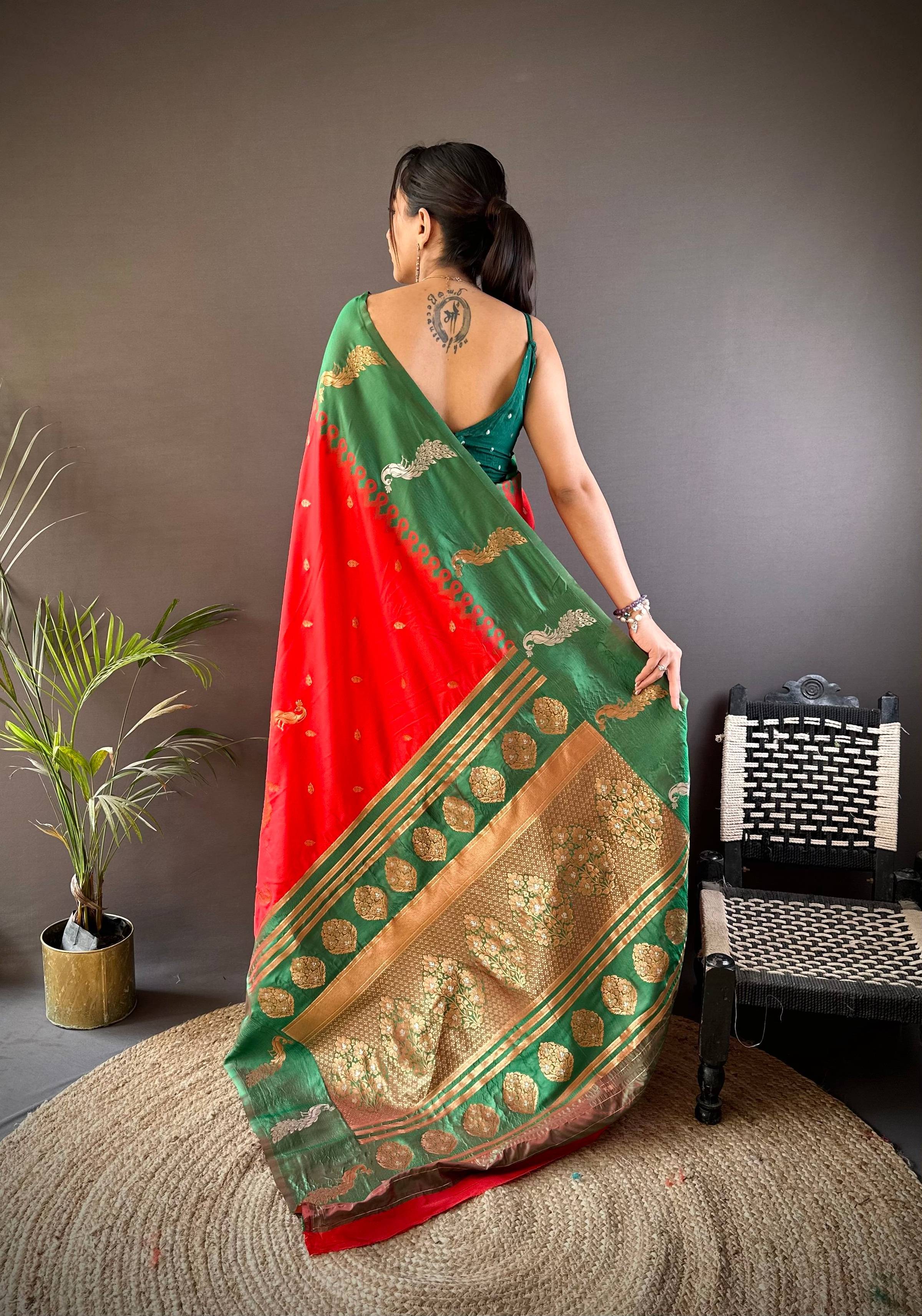 Elora Red Soft Silk Butti Zari Weaving Banarasi Saree | Grocsy