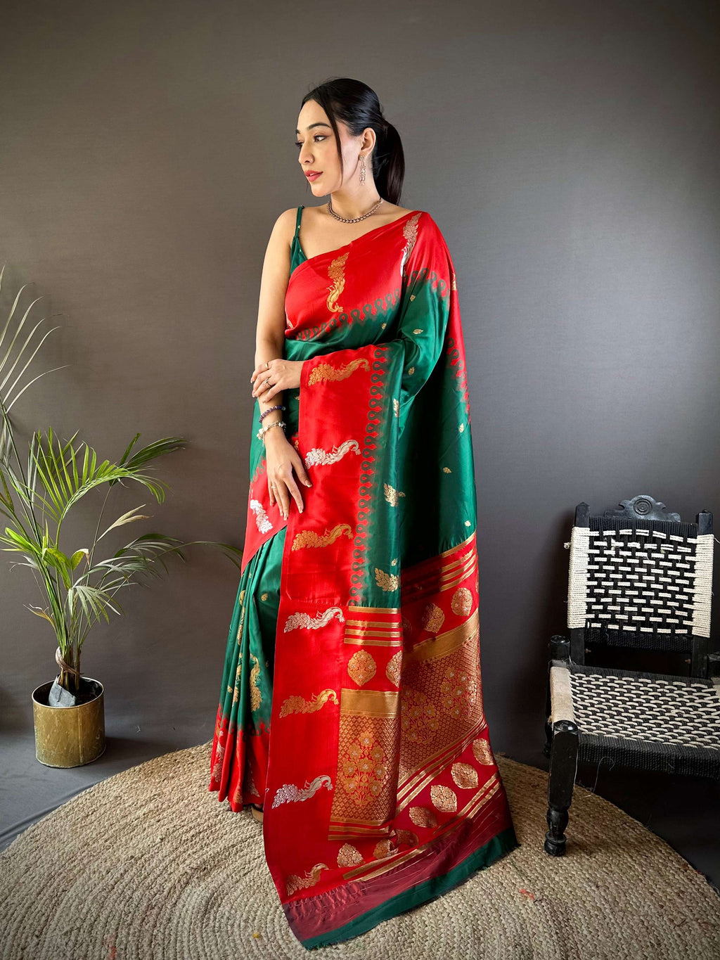 Elora Dark Green Soft Silk Butti Zari Weaving Banarasi Saree | Grocsy