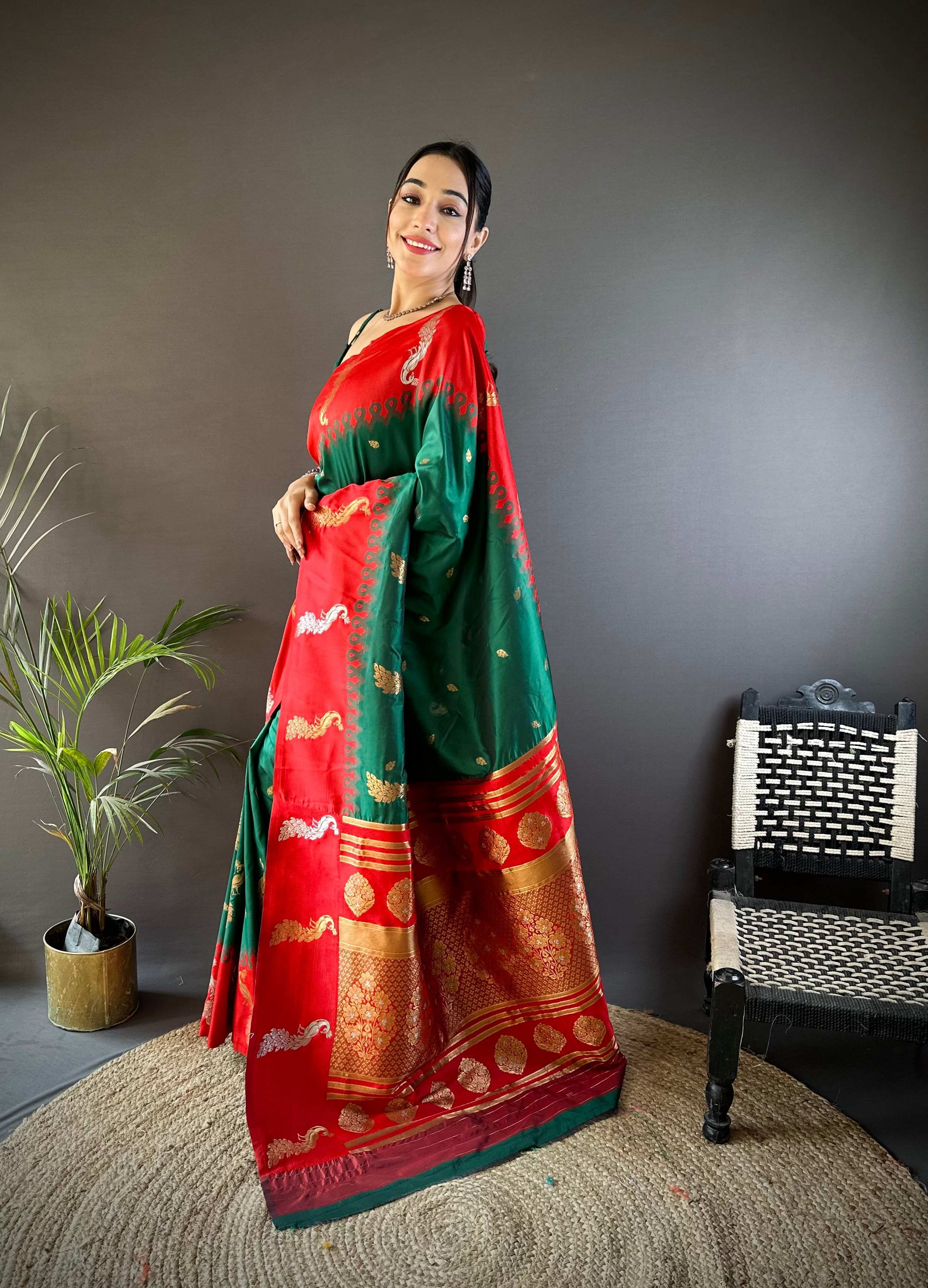 Elora Dark Green Soft Silk Butti Zari Weaving Banarasi Saree | Grocsy