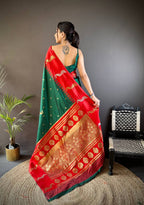 Elora Dark Green Soft Silk Butti Zari Weaving Banarasi Saree | Grocsy