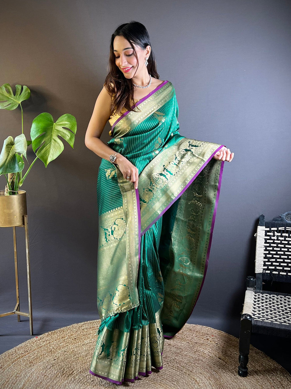 Elora Green Soft Silk Striped With Floral Motifs Zari Jacquard Weaving Leheriya Saree | Grocsy