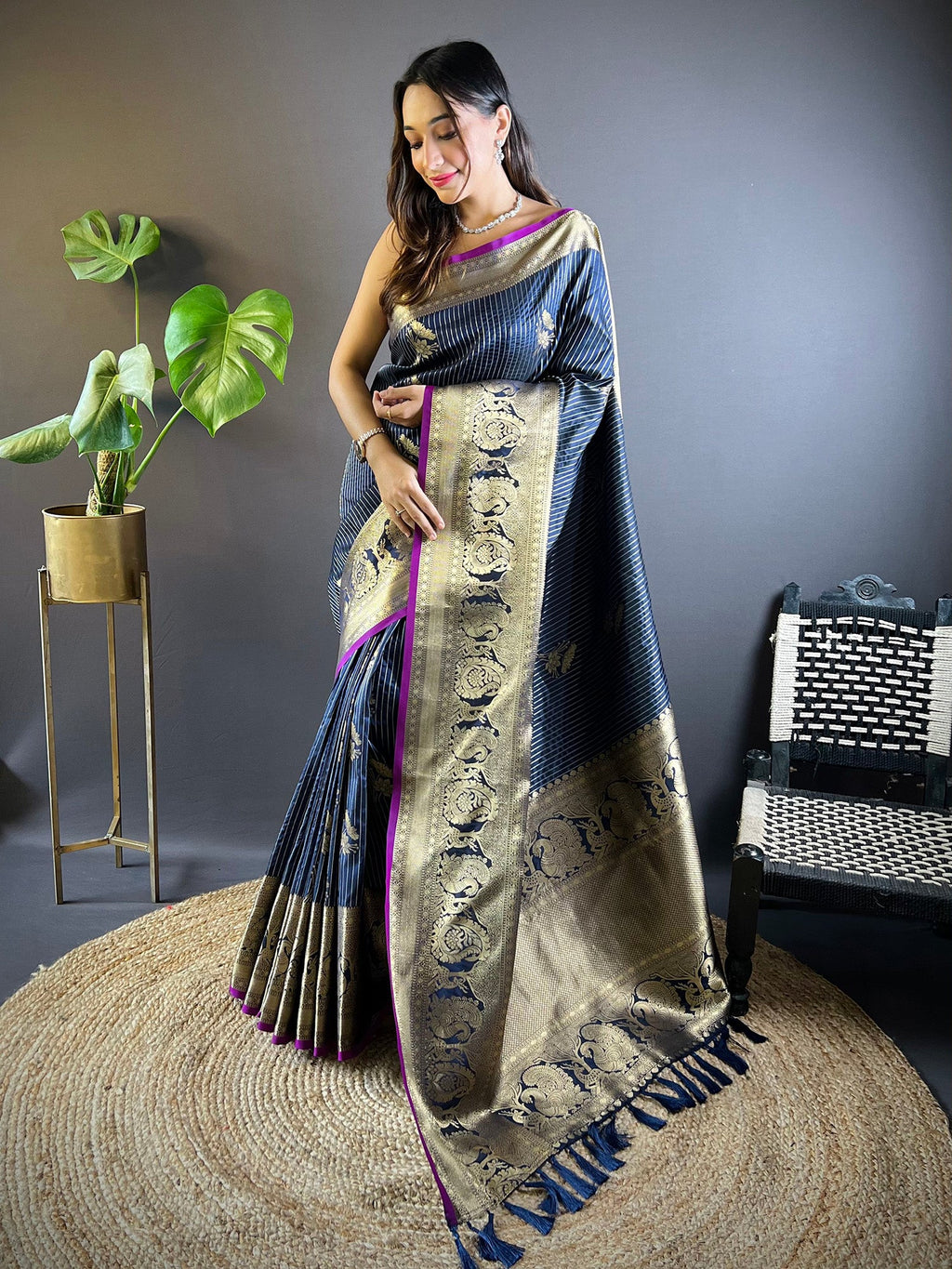 Elora Navy Blue Soft Silk Striped With Floral Motifs Zari Jacquard Weaving Leheriya Saree | Grocsy