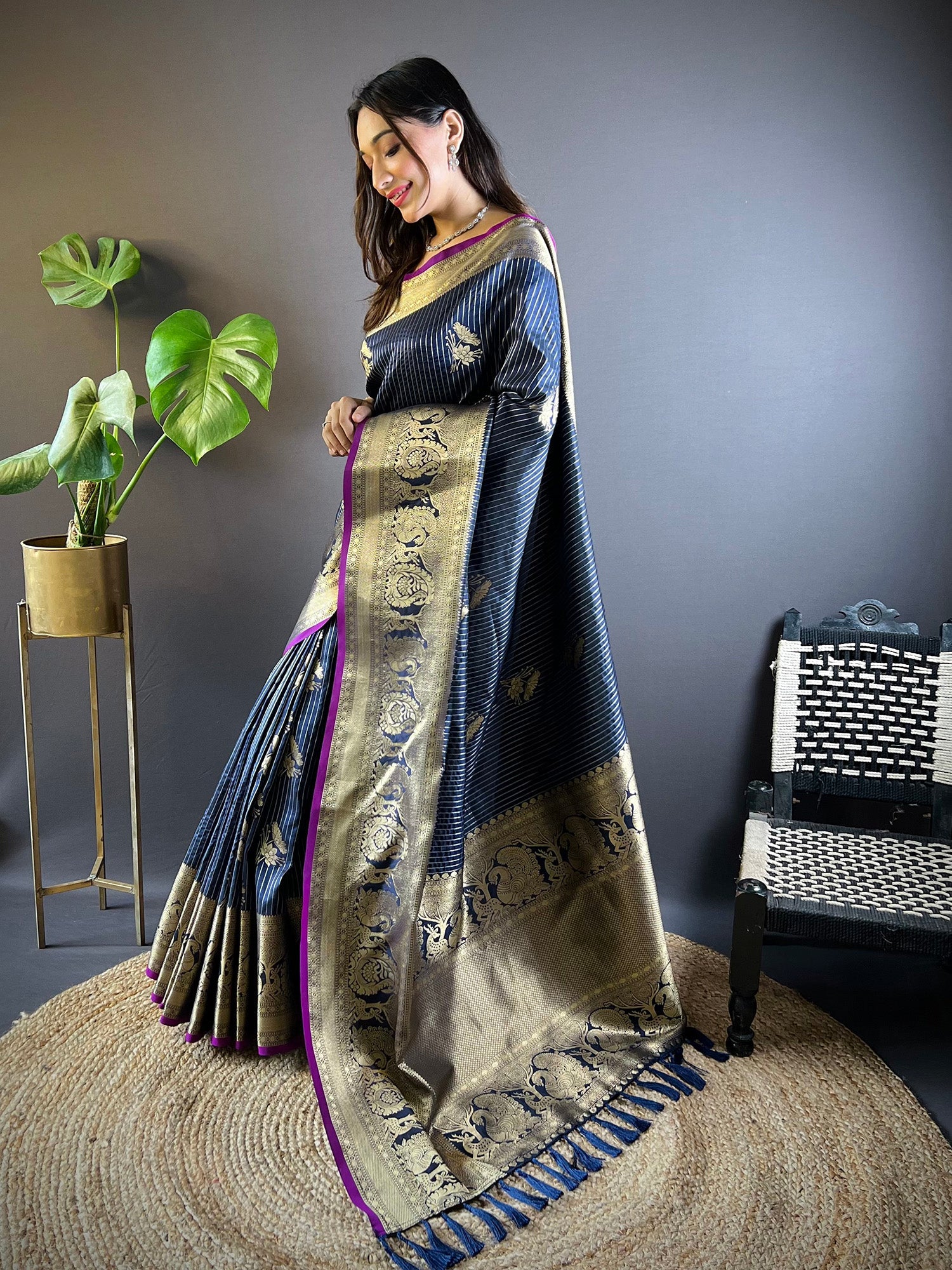 Elora Navy Blue Soft Silk Striped With Floral Motifs Zari Jacquard Weaving Leheriya Saree | Grocsy