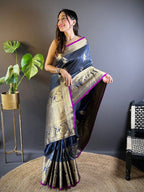 Elora Navy Blue Soft Silk Striped With Floral Motifs Zari Jacquard Weaving Leheriya Saree | Grocsy