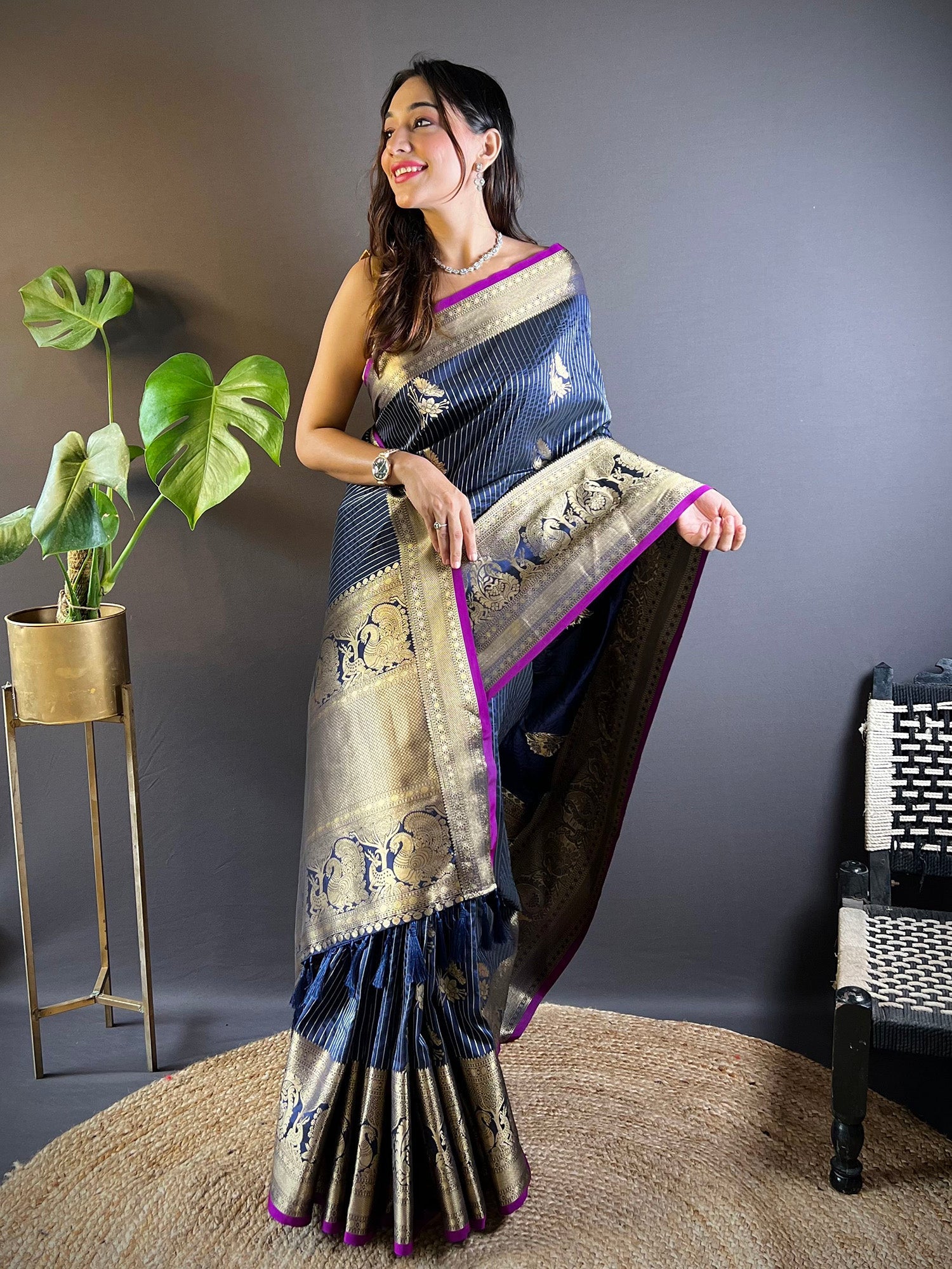 Elora Navy Blue Soft Silk Striped With Floral Motifs Zari Jacquard Weaving Leheriya Saree | Grocsy
