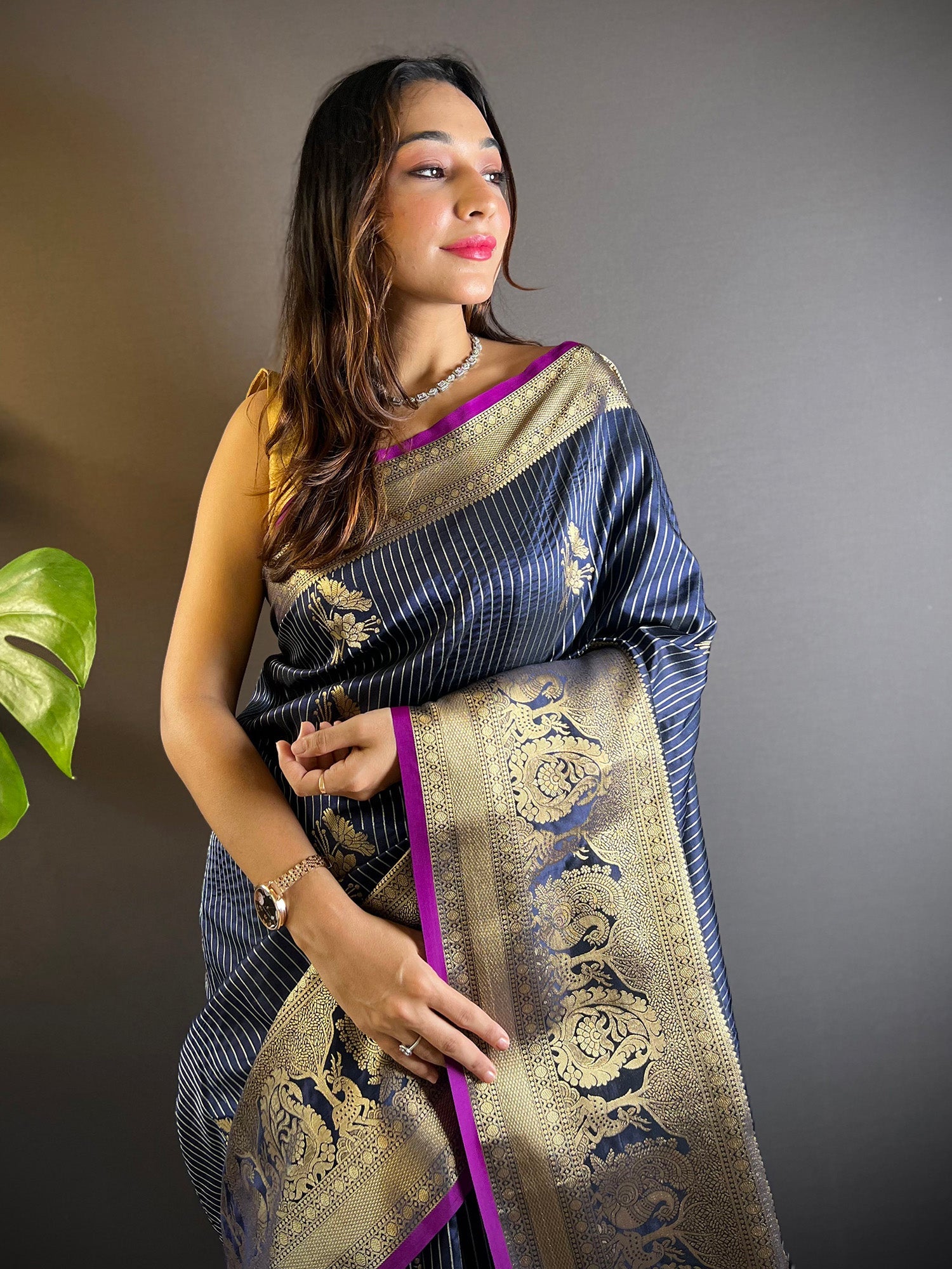 Elora Navy Blue Soft Silk Striped With Floral Motifs Zari Jacquard Weaving Leheriya Saree | Grocsy