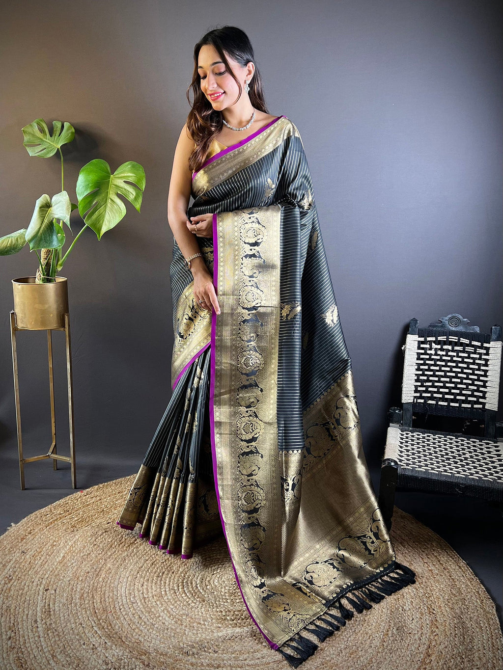 Elora Black Soft Silk Striped With Floral Motifs Zari Jacquard Weaving Leheriya Saree | Grocsy
