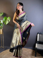 Elora Black Soft Silk Striped With Floral Motifs Zari Jacquard Weaving Leheriya Saree | Grocsy