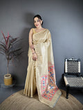 Elora Beige Tissue Solid Zari Weaving Paithani Saree With Muniya Border | Grocsy