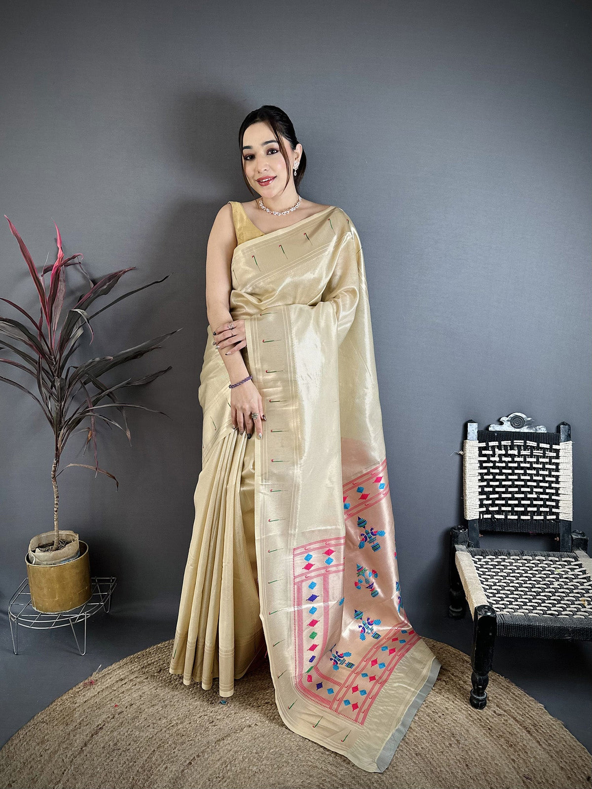 Elora Beige Tissue Solid Zari Weaving Paithani Saree With Muniya Border | Grocsy