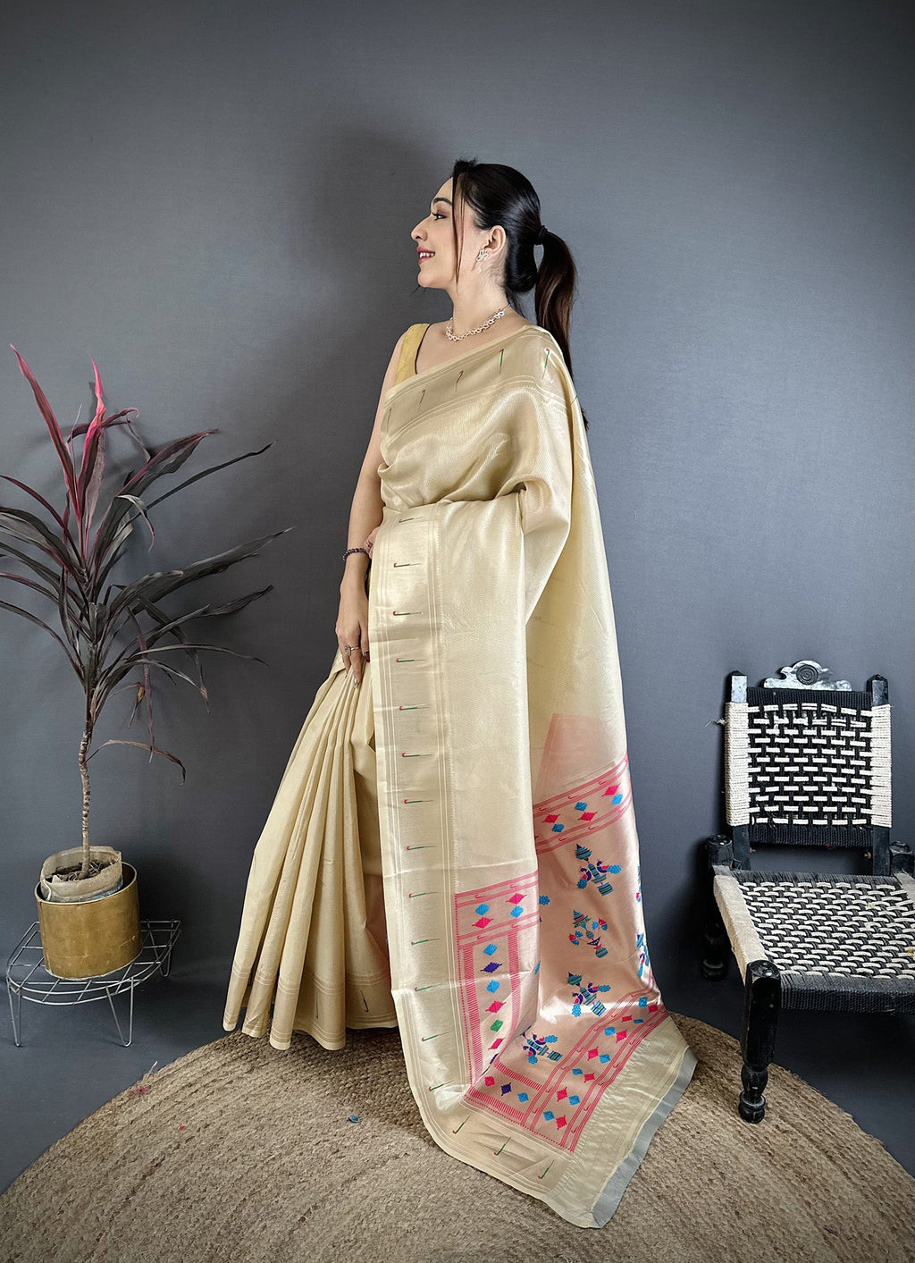 Elora Beige Tissue Solid Zari Weaving Paithani Saree With Muniya Border | Grocsy