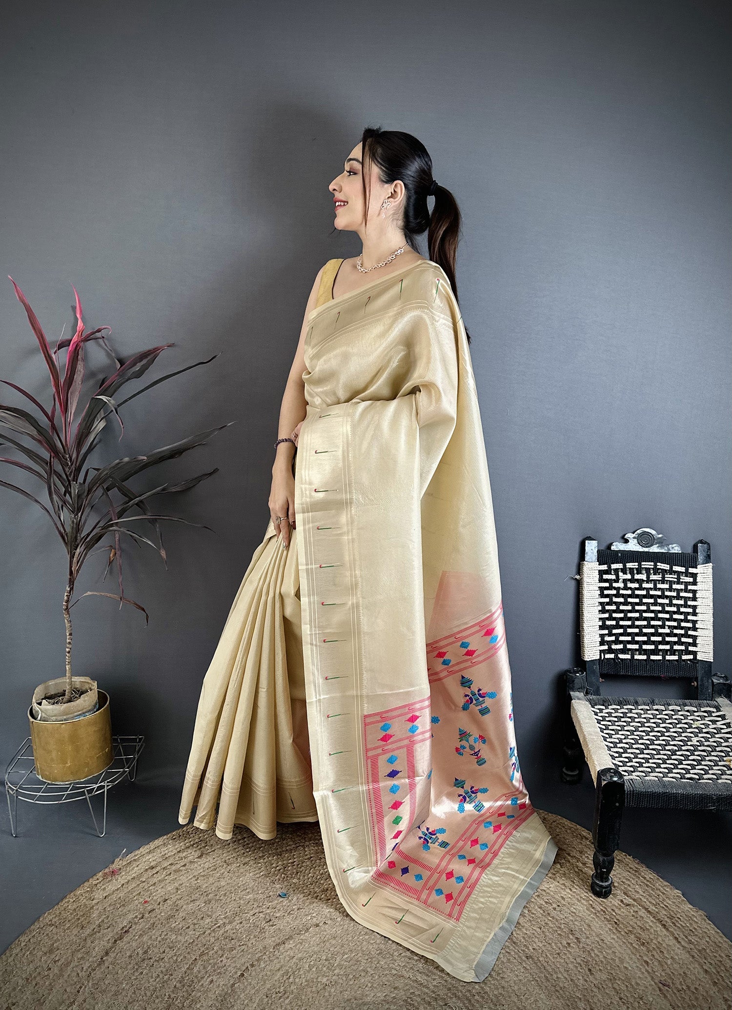 Elora Beige Tissue Solid Zari Weaving Paithani Saree With Muniya Border | Grocsy