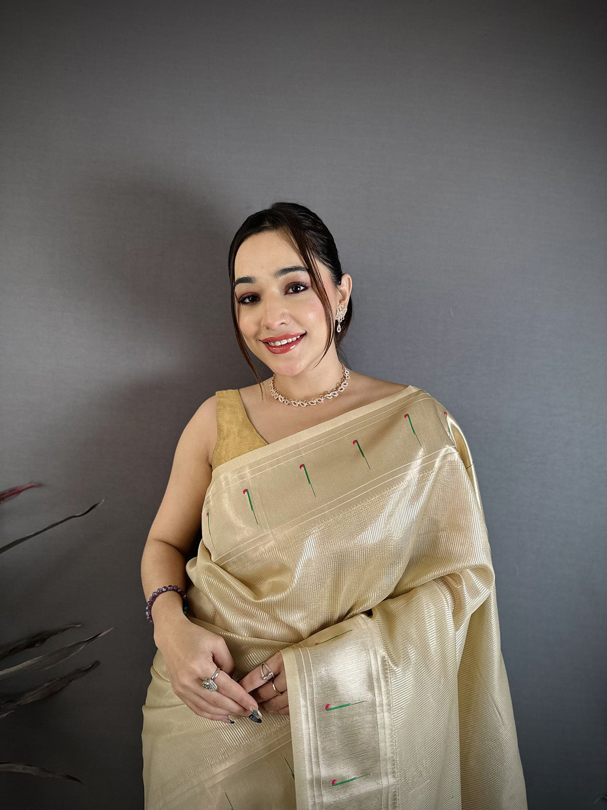 Elora Beige Tissue Solid Zari Weaving Paithani Saree With Muniya Border | Grocsy