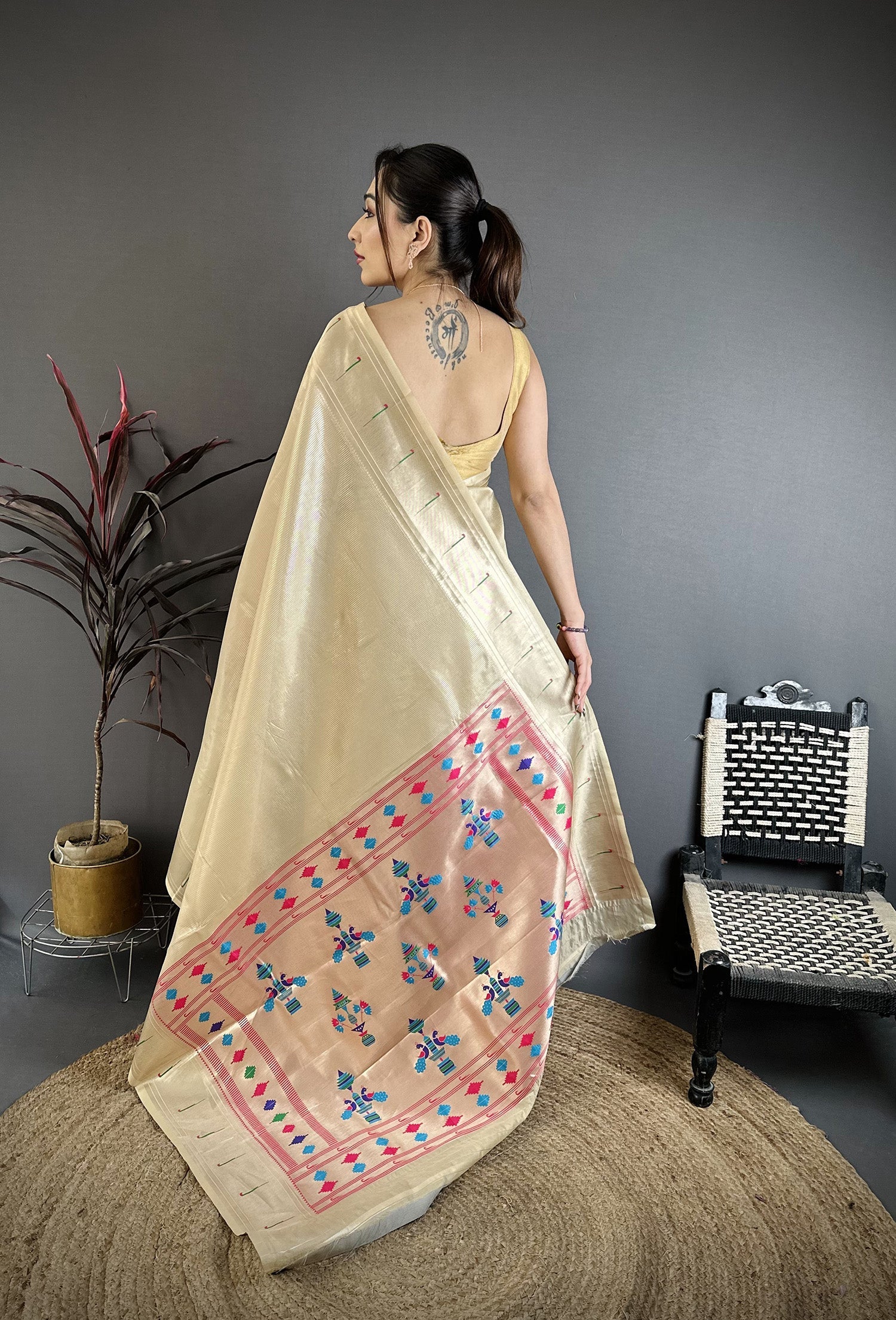 Elora Beige Tissue Solid Zari Weaving Paithani Saree With Muniya Border | Grocsy