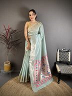 Elora Light Blue Tissue Solid Zari Weaving Paithani Saree With Muniya Border | Grocsy