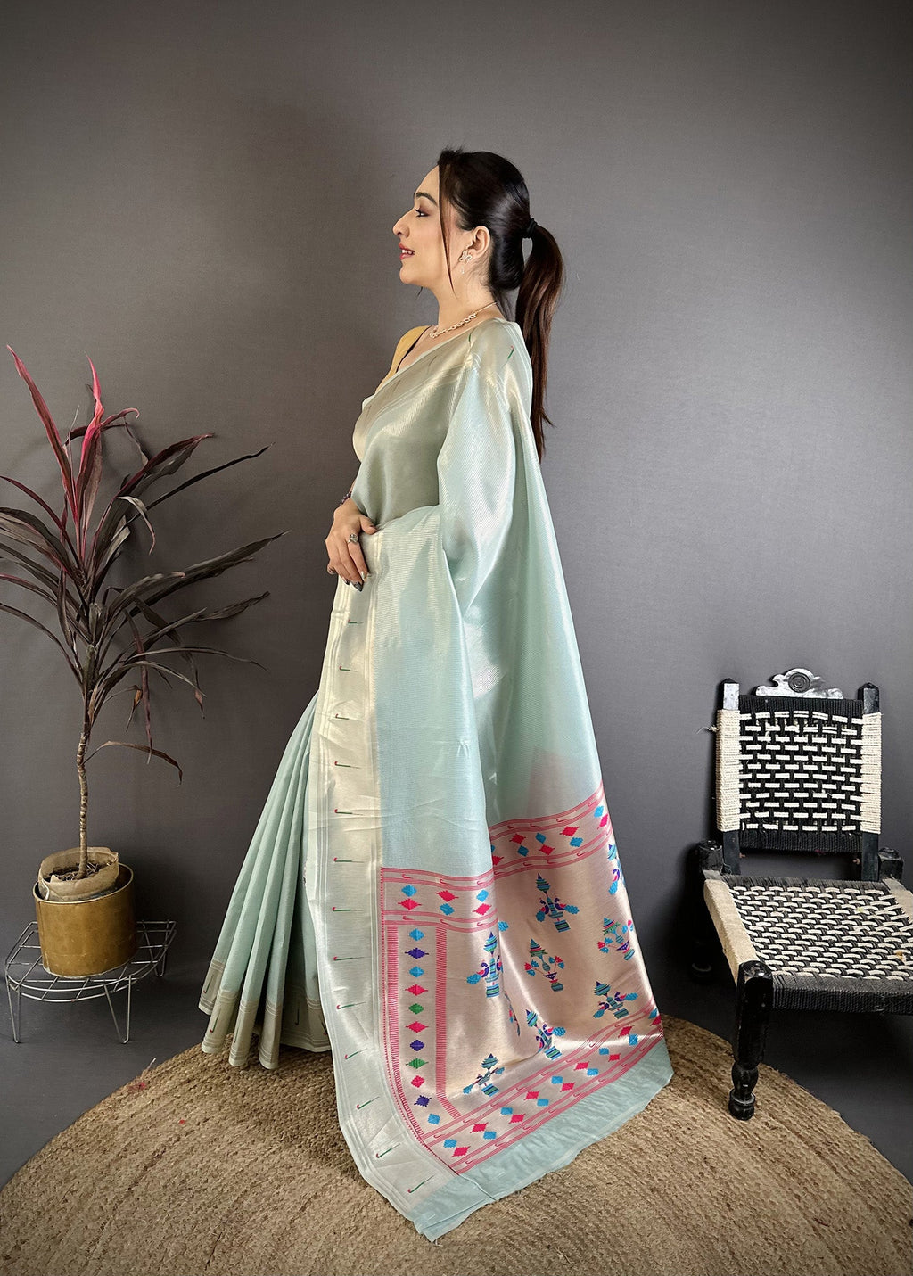 Elora Light Blue Tissue Solid Zari Weaving Paithani Saree With Muniya Border | Grocsy