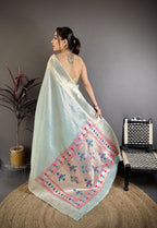 Elora Light Blue Tissue Solid Zari Weaving Paithani Saree With Muniya Border | Grocsy
