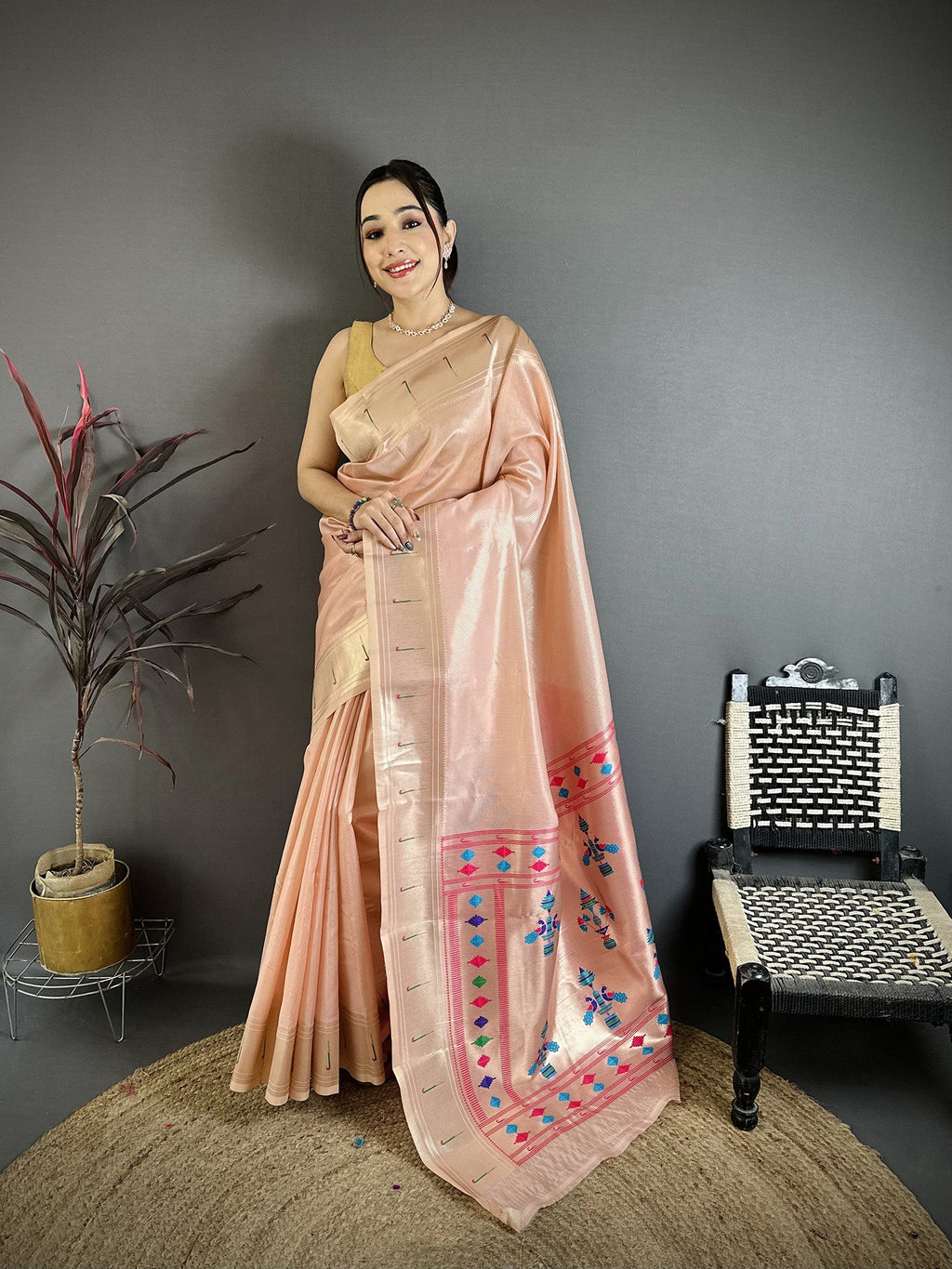 Elora Peach Tissue Solid Zari Weaving Paithani Saree With Muniya Border | Grocsy