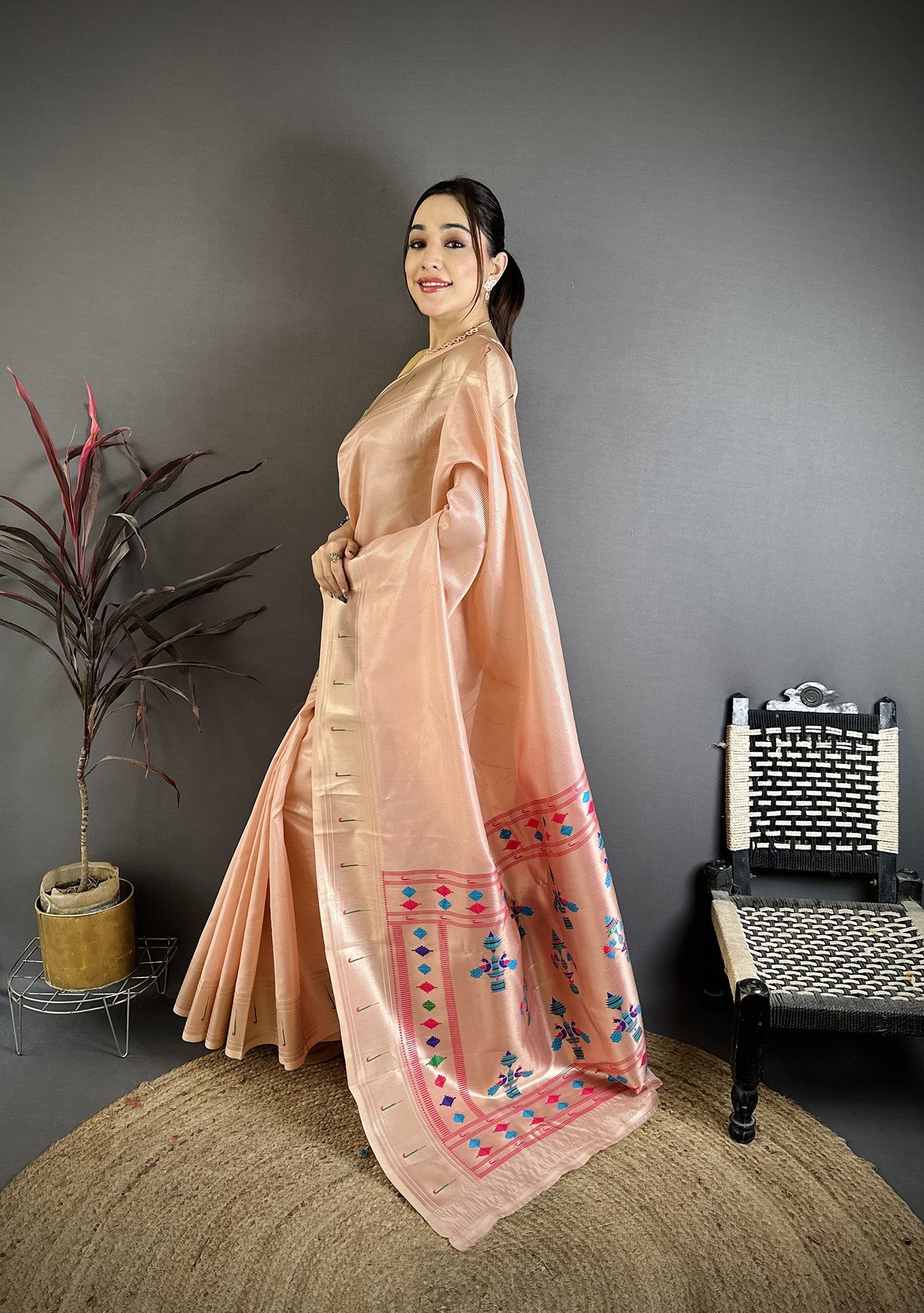 Elora Peach Tissue Solid Zari Weaving Paithani Saree With Muniya Border | Grocsy