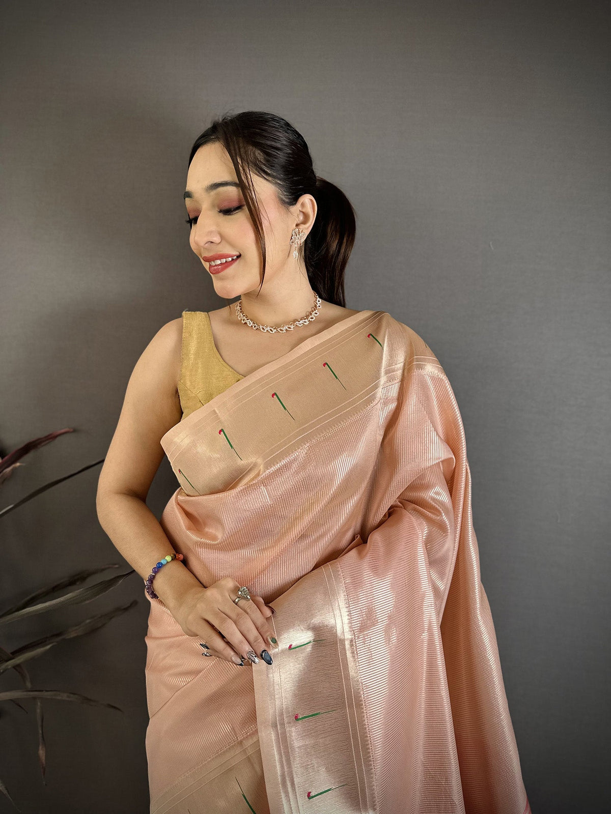 Elora Peach Tissue Solid Zari Weaving Paithani Saree With Muniya Border | Grocsy