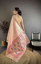 Elora Peach Tissue Solid Zari Weaving Paithani Saree With Muniya Border | Grocsy