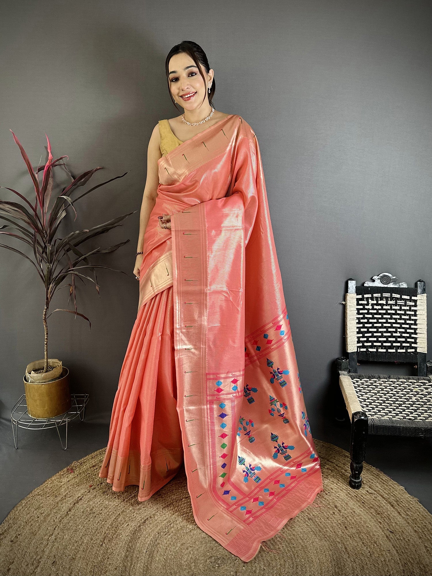Elora Pink Tissue Solid Zari Weaving Paithani Saree With Muniya Border | Grocsy
