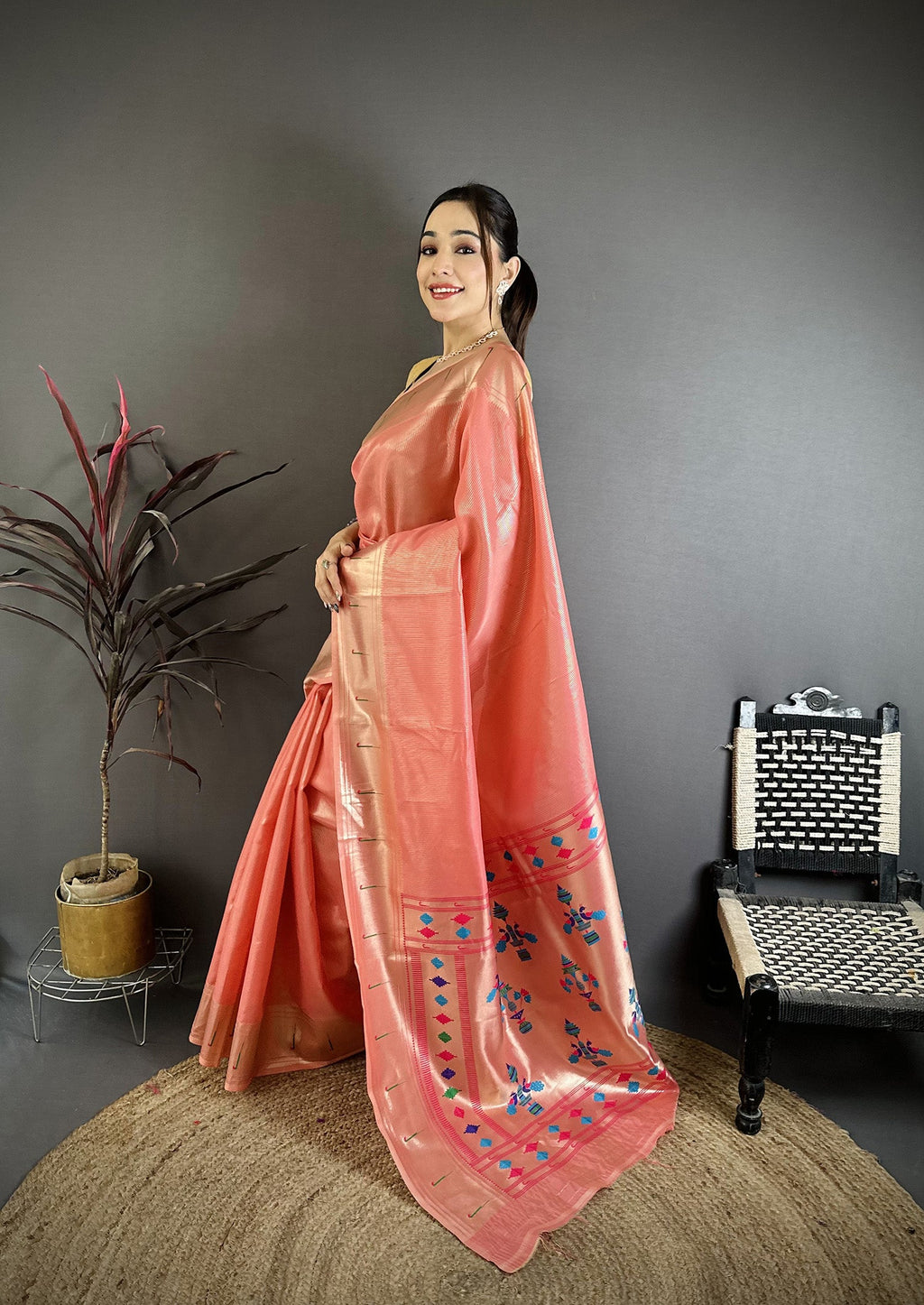 Elora Pink Tissue Solid Zari Weaving Paithani Saree With Muniya Border | Grocsy