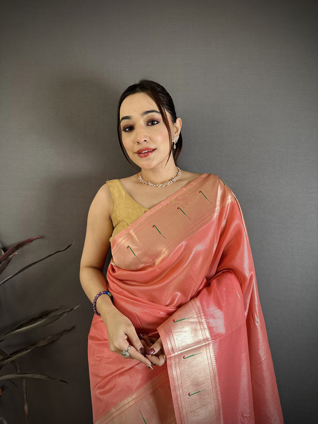 Elora Pink Tissue Solid Zari Weaving Paithani Saree With Muniya Border | Grocsy