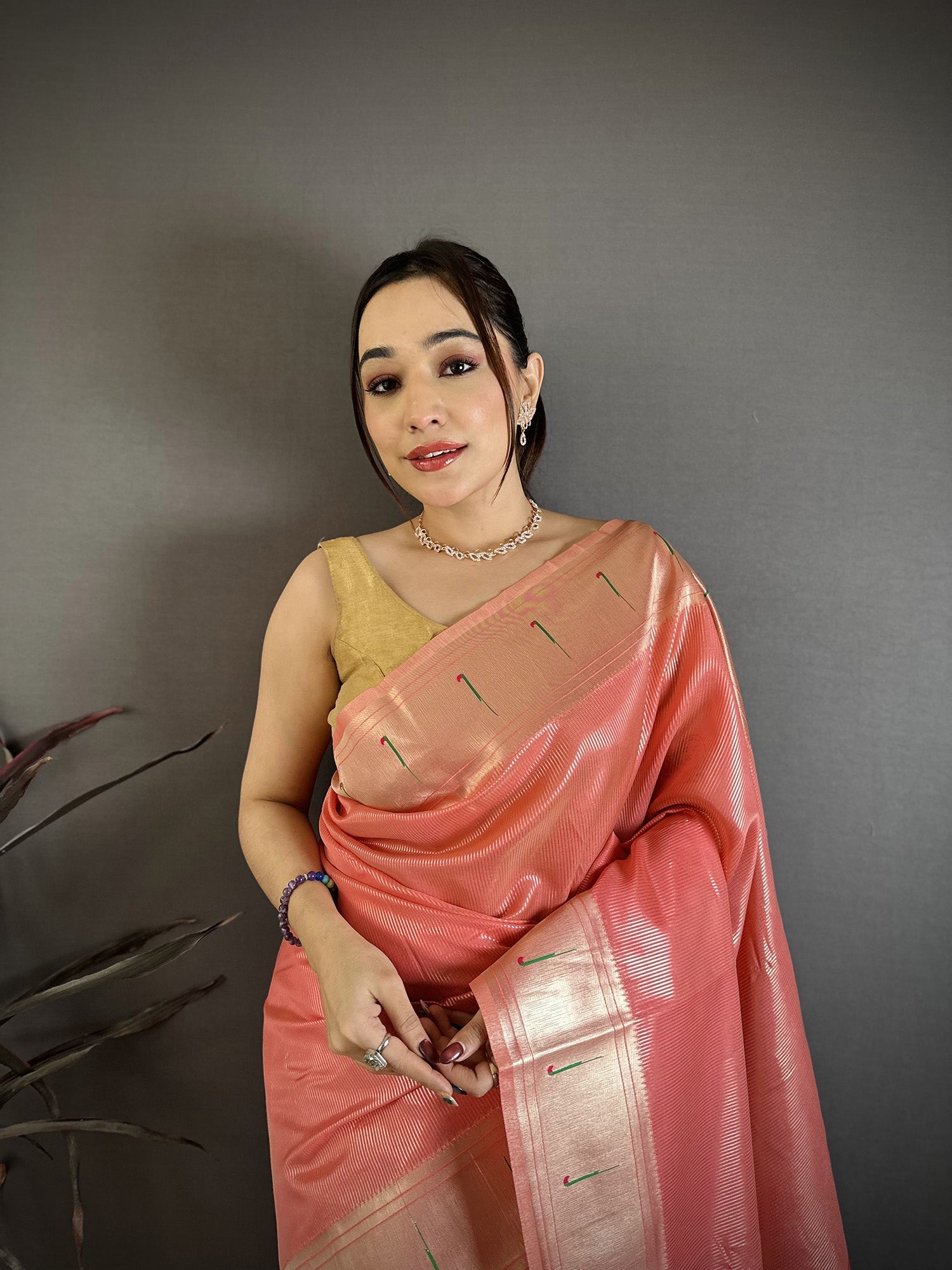 Elora Pink Tissue Solid Zari Weaving Paithani Saree With Muniya Border | Grocsy