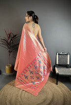 Elora Pink Tissue Solid Zari Weaving Paithani Saree With Muniya Border | Grocsy