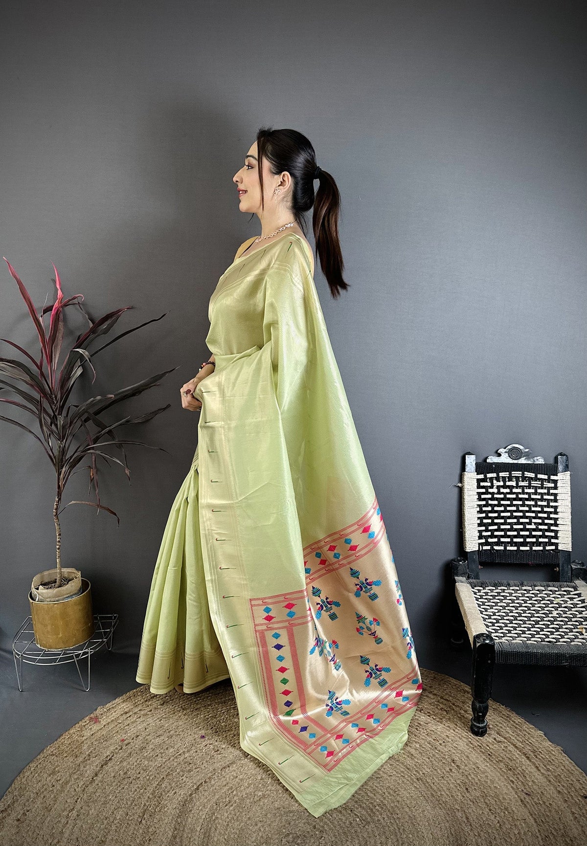 Elora Light Green Tissue Solid Zari Weaving Paithani Saree With Muniya Border | Grocsy
