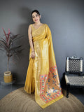 Elora Golden Yellow Tissue Solid Zari Weaving Paithani Saree With Muniya Border | Grocsy