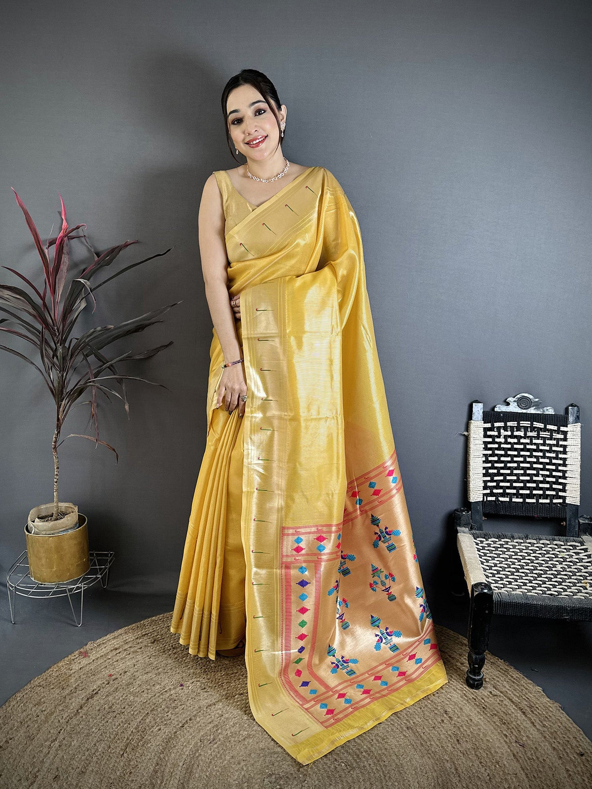 Elora Golden Yellow Tissue Solid Zari Weaving Paithani Saree With Muniya Border | Grocsy