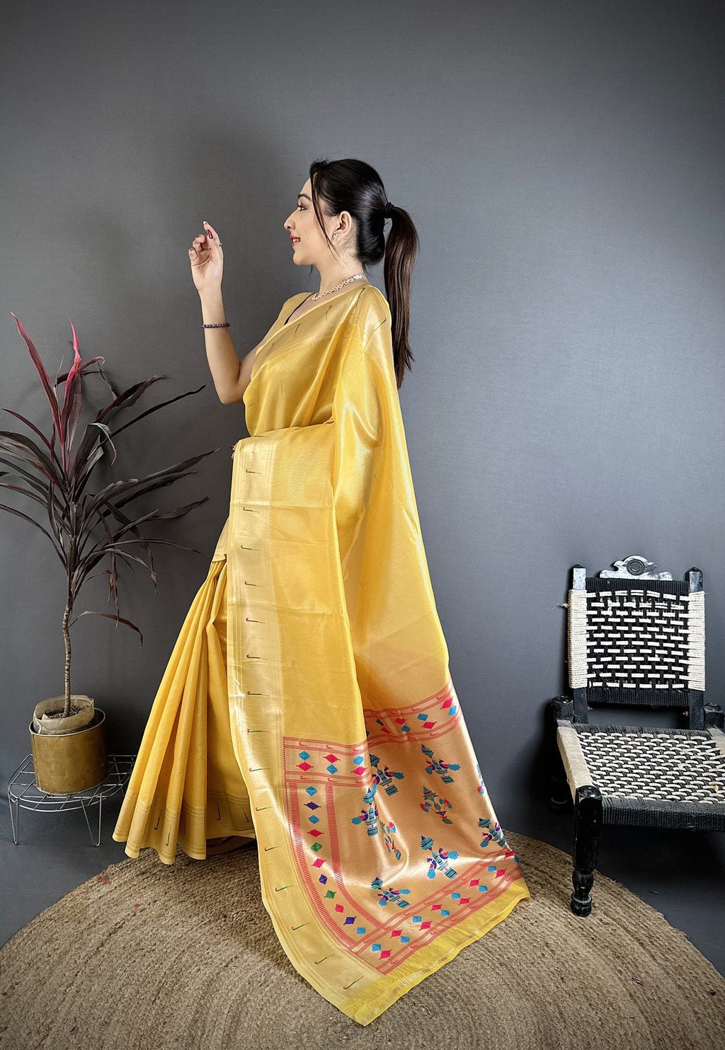Elora Golden Yellow Tissue Solid Zari Weaving Paithani Saree With Muniya Border | Grocsy