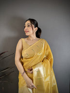 Elora Golden Yellow Tissue Solid Zari Weaving Paithani Saree With Muniya Border | Grocsy