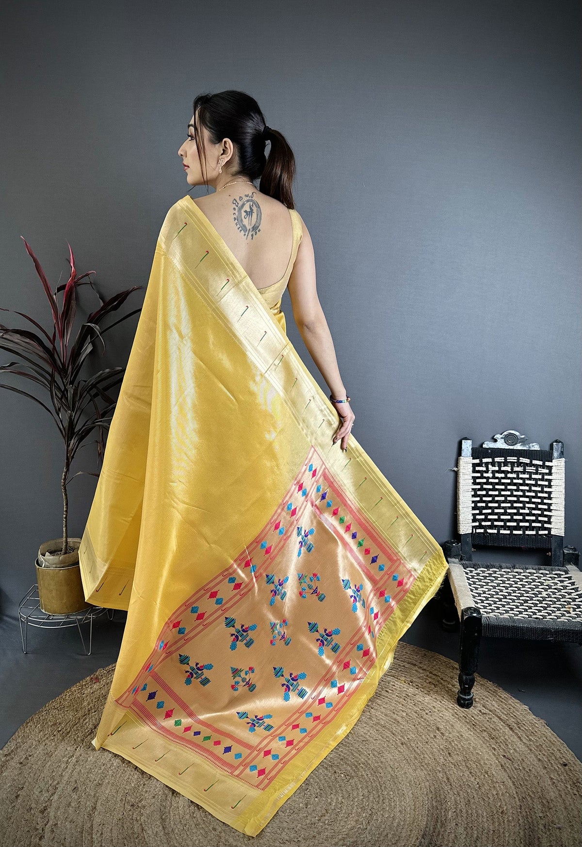 Elora Golden Yellow Tissue Solid Zari Weaving Paithani Saree With Muniya Border | Grocsy