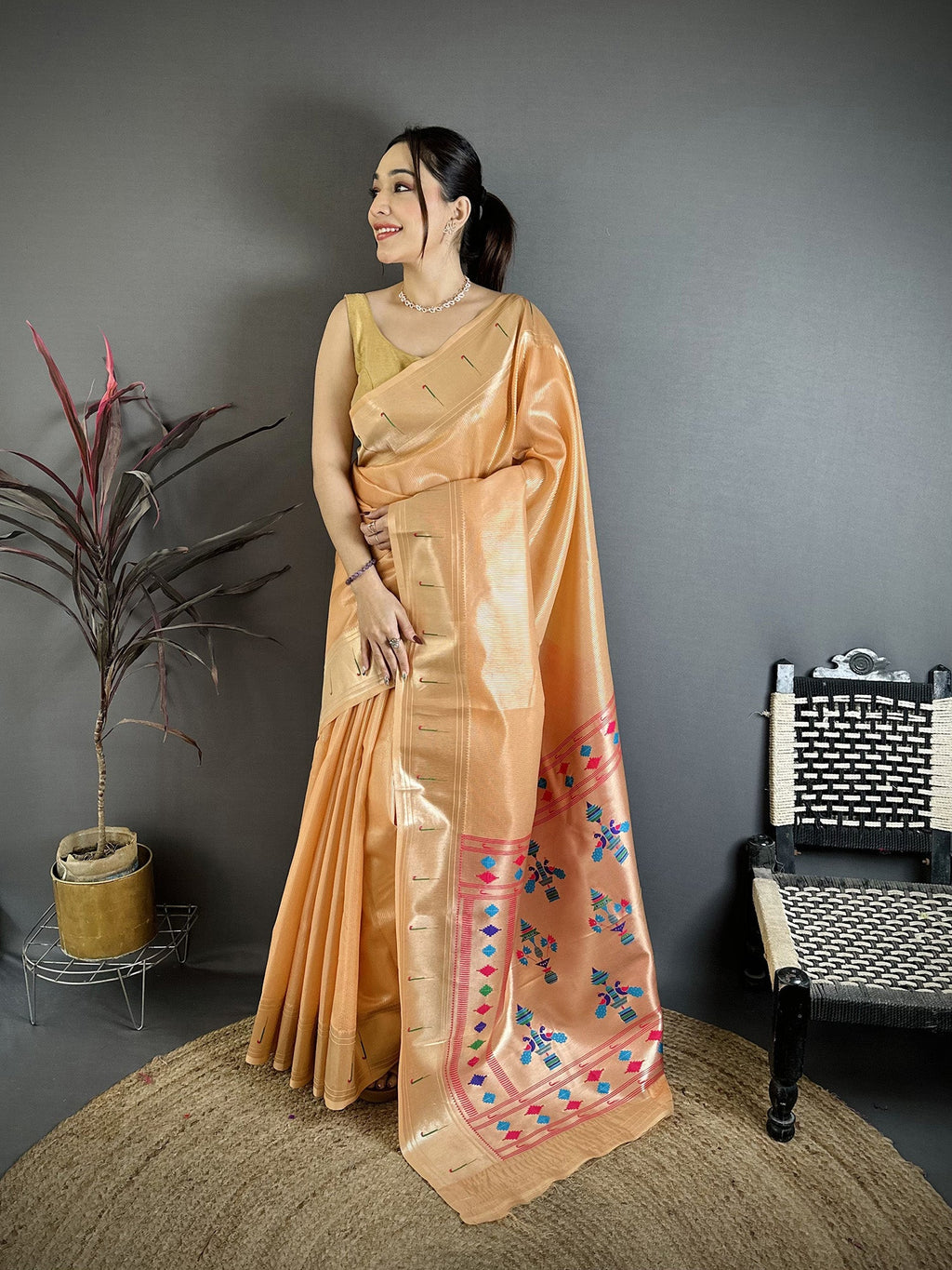 Elora Orange Tissue Solid Zari Weaving Paithani Saree With Muniya Border | Grocsy