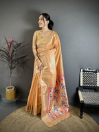 Elora Orange Tissue Solid Zari Weaving Paithani Saree With Muniya Border | Grocsy