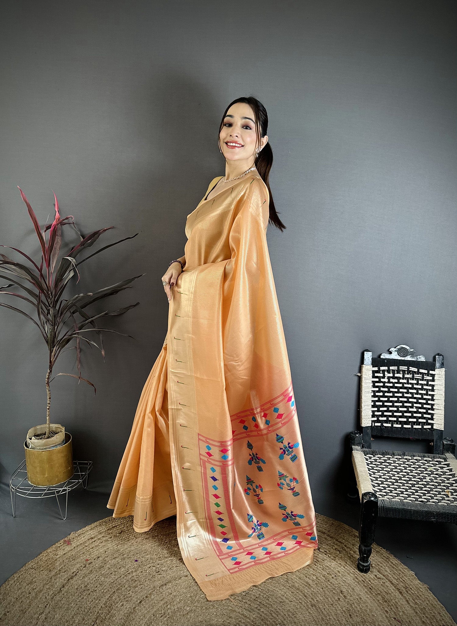 Elora Orange Tissue Solid Zari Weaving Paithani Saree With Muniya Border | Grocsy