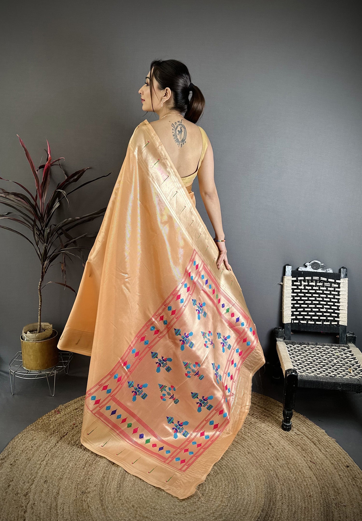 Elora Orange Tissue Solid Zari Weaving Paithani Saree With Muniya Border | Grocsy