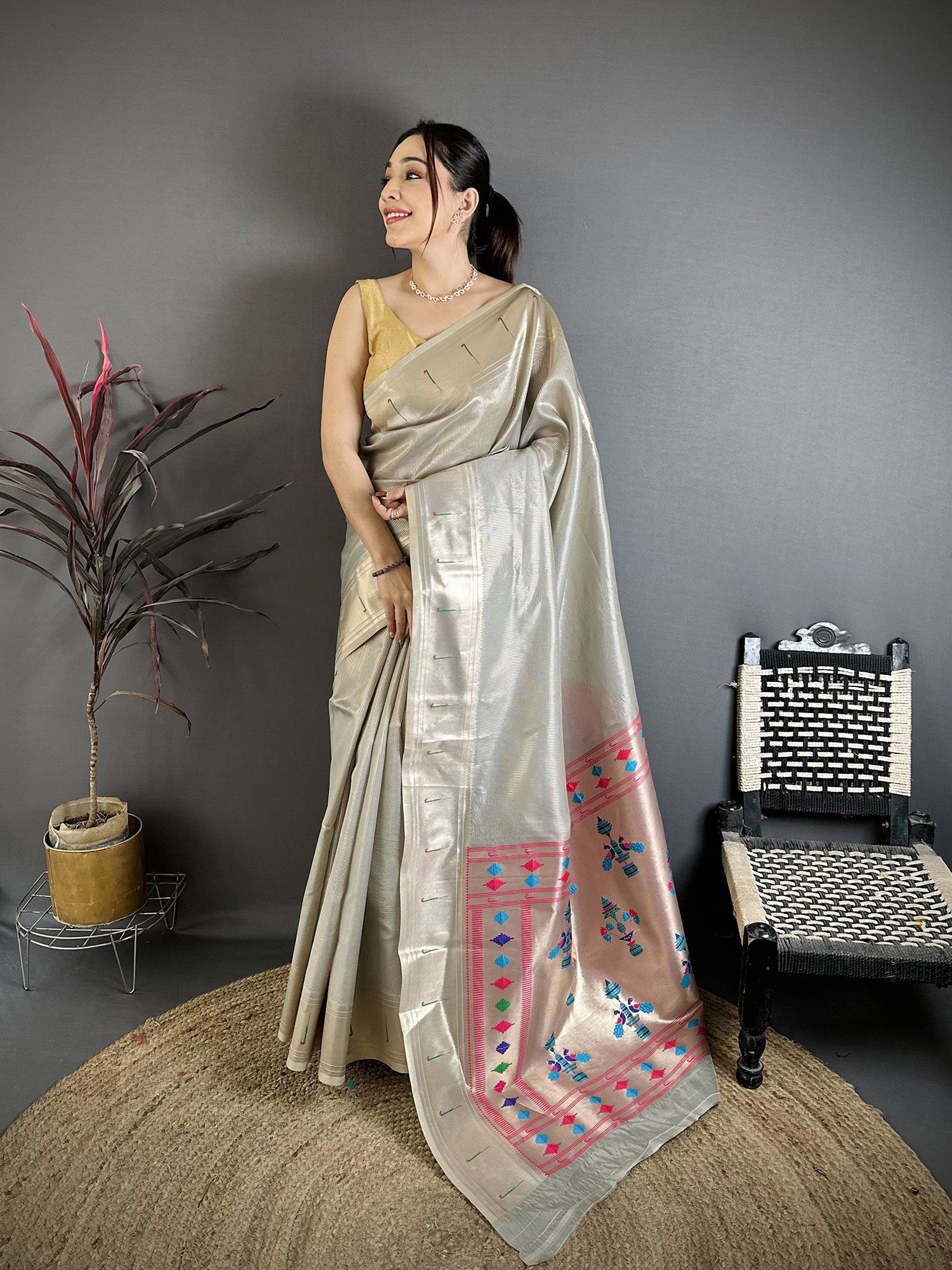 Elora Grey Tissue Solid Zari Weaving Paithani Saree With Muniya Border | Grocsy